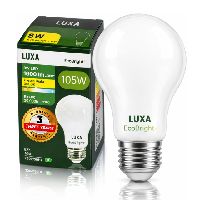 Led-lampe E27, Glühfaden, Klasse B, A 60, 8 W, 1600 Lm = 100 W, 3000 K, Ecobright+