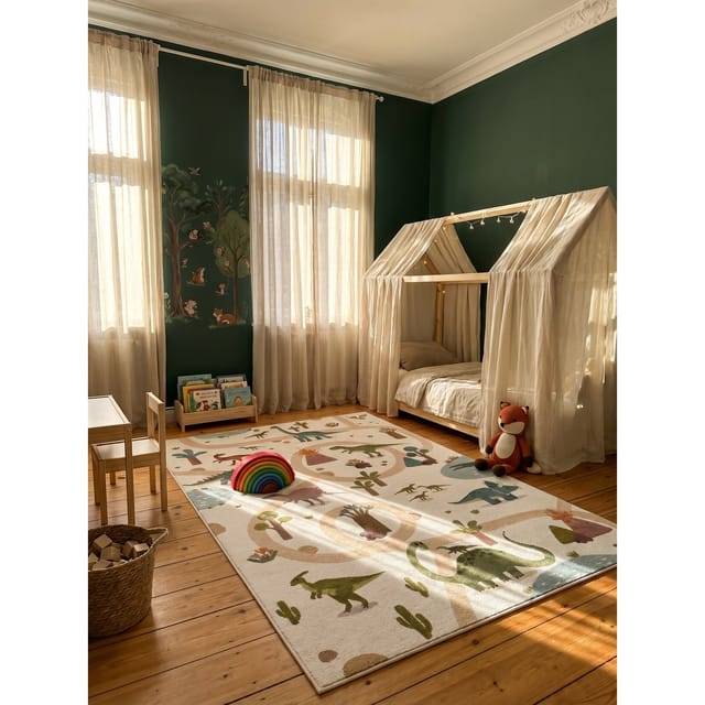 Kinderteppich Dinosaurier-Landschaft Creme 120x170 cm Waschbar