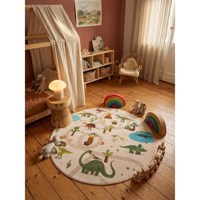 Kinderteppich Dinosaurier-Landschaft Beige 200x200 cm Waschbar