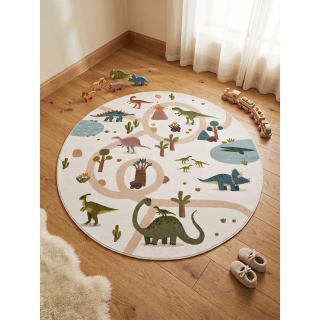 Kinderteppich Dinosaurier-Landschaft Creme 160x160 cm Waschbar