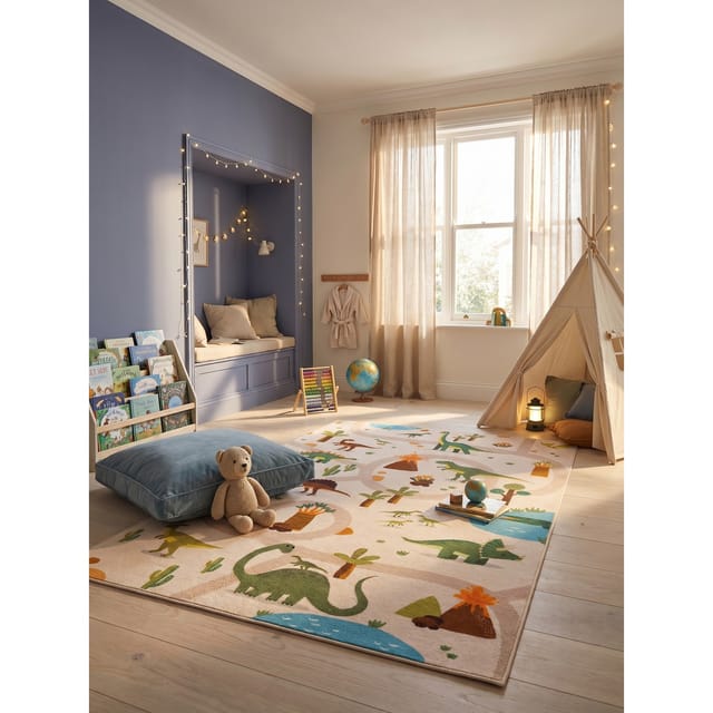 Kinderteppich Dinosaurier-Landschaft Beige 200x290 cm Waschbar