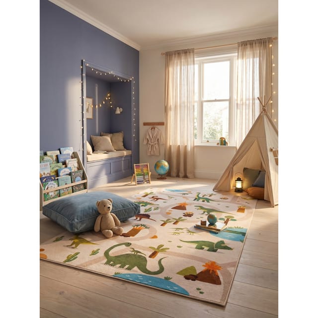 Kinderteppich Dinosaurier-Landschaft Beige 120x170 cm Waschbar