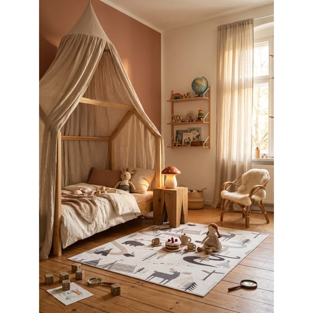 Kinderteppich Waldabenteuer mit Tieren Creme 80x150 cm Waschbar