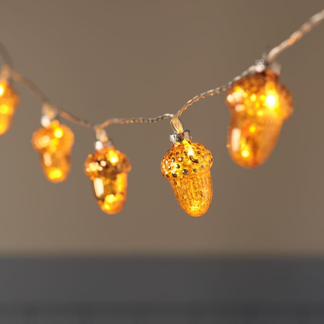 10er LED-Lichterkette mit Glas-Eicheln & Timer in Bernstein & Warmweiß