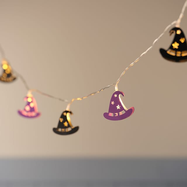10er Halloween LED-Lichterkette mit Hexenhüten in Lila & Schwarz