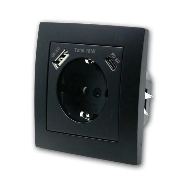 McPower FLAIR Schuko Steckdose Schwarz mit USB C m Rahmen