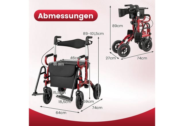 Costway Rollator mit Luftbereifung 2-In-1 Rollstuhl Bis 140 kg Rot