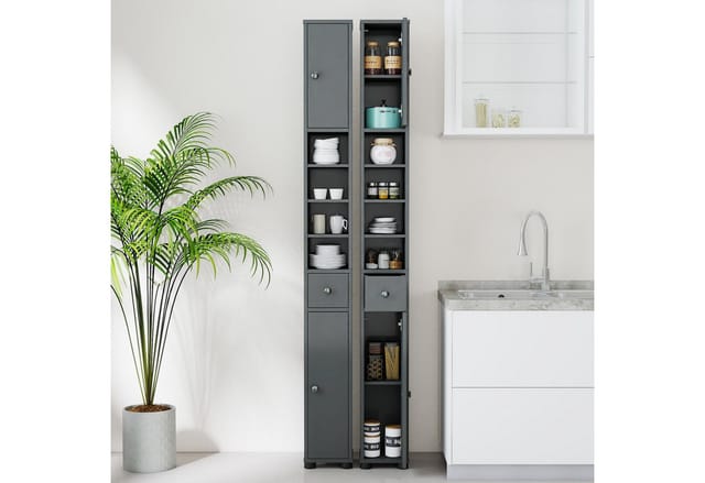Costway Badschrank Schmal Badezimmerschrank mit 2 Türen Hellgrau