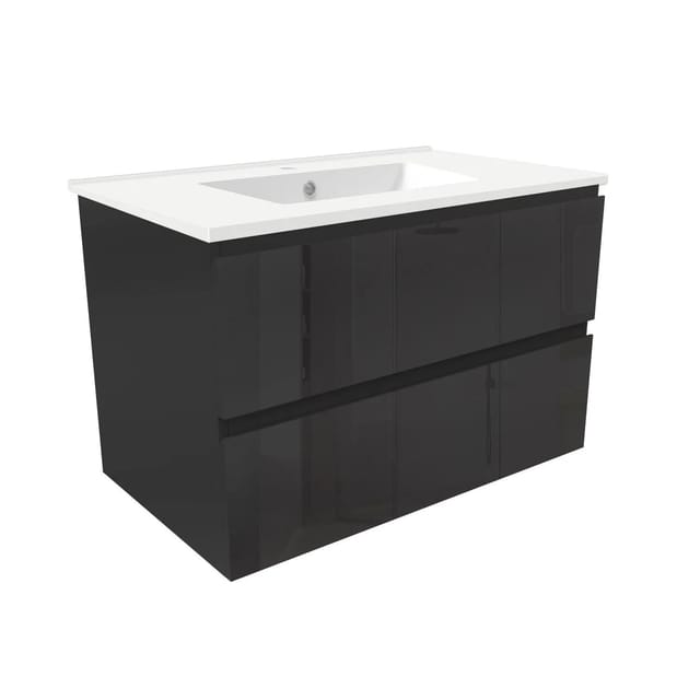 Duschparadies Waschtisch 2 tlg. Zwenia Keramik Waschbecken mit Unterschrank 80cm Hochglanz Schwarz