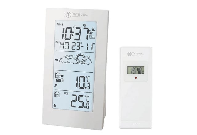 Miraval Klimamesser Miraval Funk-Wetterstation Basic, (Inklusive Akku), DCF77, Außensensor, Wetteranzeige, 2 Alarme