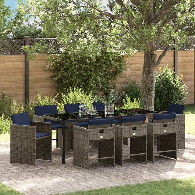 vidaXL Garten Essgruppe mit Kissen Falten 9-Tlg Grau Poly Rattan 3380003