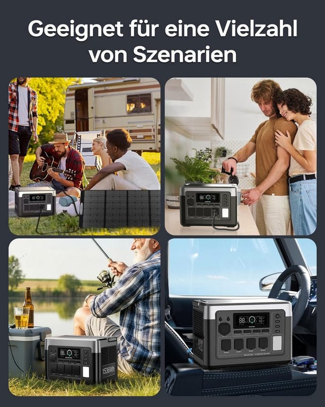 OUKITEL Stromerzeuger P1500E PLUS 1800W/1536Wh Tragbare Powerstation, 1,8 in kW, (LiFePO4-Akku, 1-tlg., Mit 2*100W Solarpanel), Solargenerator mit 4*1800W AC Ausgänge, für Camping,Wohnmobil,Notfall