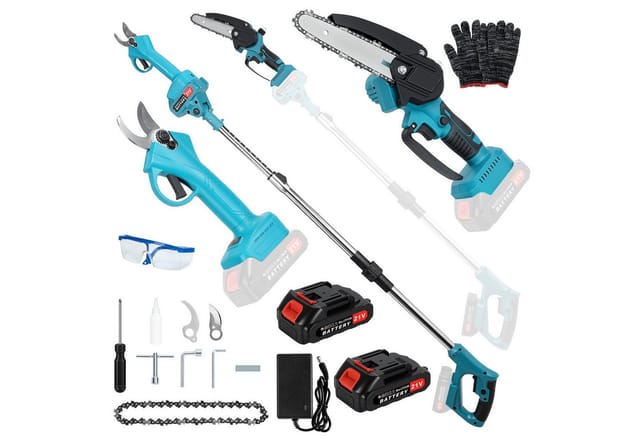 Rutaqian Hochentaster Akku Hochentaster 2in1 Set, Mini Kettensäge Astschere 2 Akku, bis 3 m Arbeitshöhe, (1 x elektrische Kettensäge, 1 x Verlängerungsstange, 1 x elektrische Gartenschere, 2 x Akkus, 1 x Ladegerät, Elektrische Kettensäge, Gartenschere (inkl. 2 Akkus und Ladegerät), Akku Hochentaster 2in1 Mini Kettensäge 180cm 550W 2 Akku