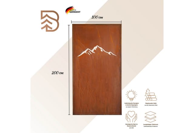 BADEKO Sichtschutzelement Sichtschutz Paravent 200x100cm aus Edelrost in Cortenstahloptik