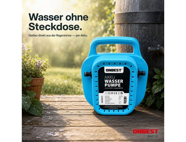Onbest Wasserpumpe Akku Gartenpumpe selbstansaugend inklusive Gartenbrause, Druckschalter, Schnellkupplung, 12V, 8bar, 50-90W, 80m, 7-12 l/min