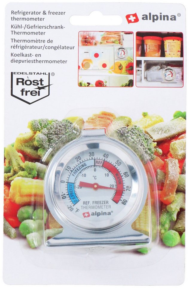 *Alpina* Kühlschrankthermometer KÜHLSCHRANKTHERMOMETER aus Edelstahl analog Gefrierthermometer 97, Gefrierschrankthermometer Kühlschrank Gefrierschrank Thermometer