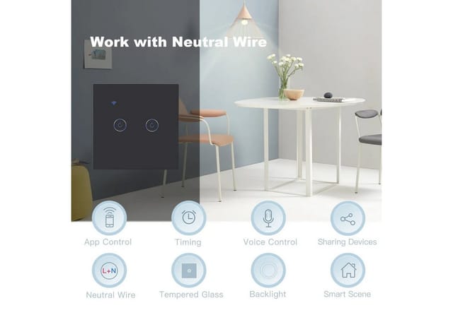 Bolwins Lichtschalter B00C Smart WLAN Lichtschalter 2-fach für Alexa & Google Home (Packung, 1-St., 1x Smart WiFi Lichtschalter, 2x Schraube), Touch-Bedienung, App-Steuerung, Sprachsteuerung, Timerfunktion