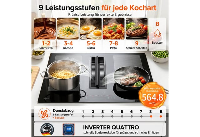 Levivo Induktions-Kochfeld Induktionskochfeld 77 cm mit 564 m³/h Dunstabzug, 8 Stufen & Booster, Touch-Control, Timer und Bridge Funktion