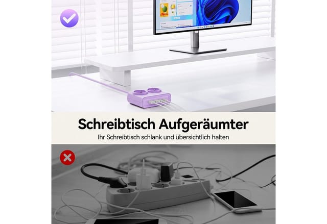 ORICO Steckdose 15W GaN Mehrfachsteckdose 6-in-1 Steckdosenleiste,2AC+4USB (2USB-CPD), acher 1,3 cm Stecke, 1-St., 1,6 m Kabel, 2500 W., für Haushalt & Büro
