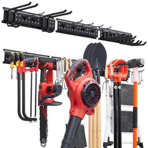 VEVOR Gerätehalter Wandhalterung Werkzeughalter 1257,3mm 272kg Belastbar, Zur Wandmontage, Kohlenstoffstahl, 3 Schienen & 12 Haken, Mit Schrauben & Dübeln, Werkzeugorganizer für Garage Keller Garten