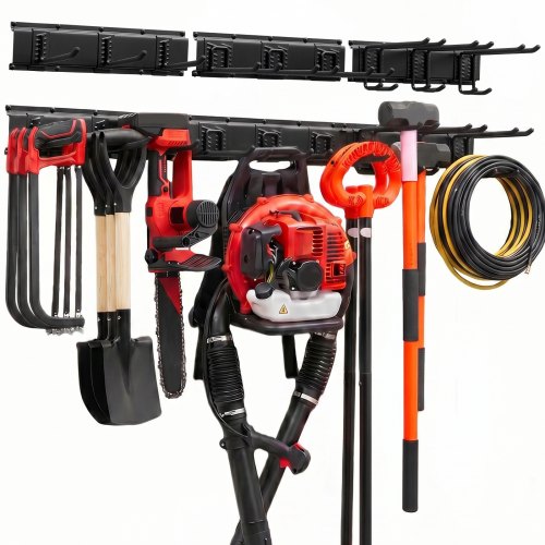 VEVOR Gerätehalter Wandhalterung Werkzeughalter 1257,3mm 272kg Tragkraft, Zur Wandmontage, Kohlenstoffstahl, 3 Schienen & 9 Haken, Mit Schrauben & Dübeln, Werkzeugorganizer für Garage Keller Garten