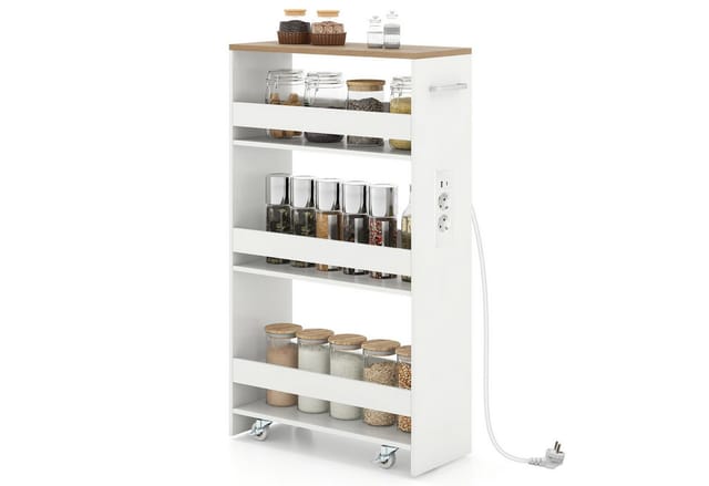 Costway Nischenwagen 20 cm Breit 4 Etagen Küchenwagen Weiß + Natur