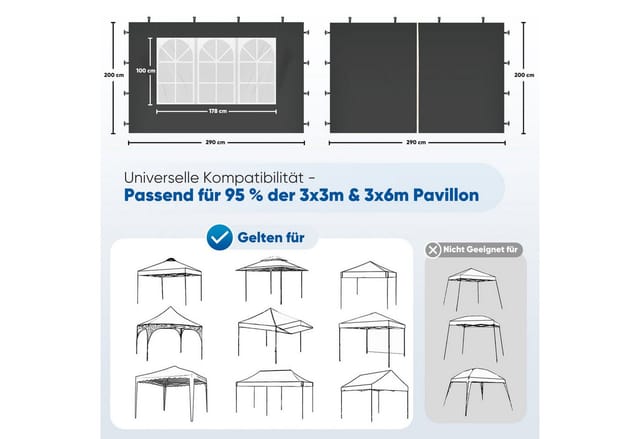 Sekey Pavillonseitenteile 2er Set mit Reißverschluss und Fenster Für 3x3 m Faltpavillon