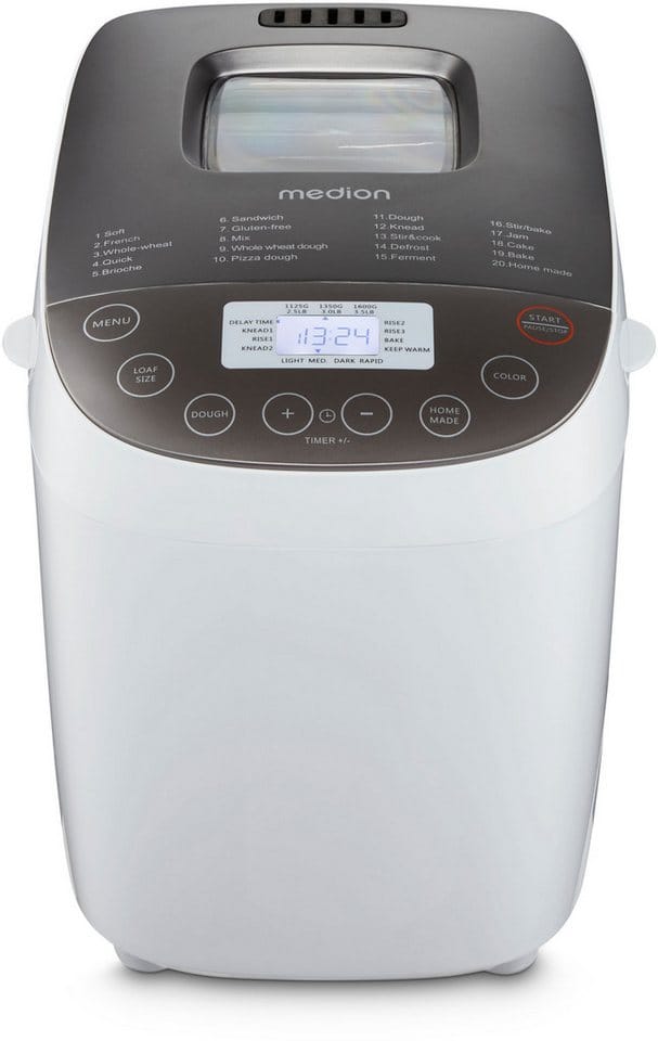 Medion® Brotbackautomat MD 12040, 20 Backprogramme, 3 Bräunungssufen, doppelter Knethaken, 20 Programme, 950 W, Bis zu 1600g Fassungsvermögen, Warmhaltefunktion, ILAG Beschichtung