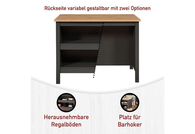 Inter Link Kücheninsel Carbona, Bartisch, multifunktional für Küche & Essbereich, modern, Schubladen, Tür, herausnehmbare Regalböden, Soft-Close, 124x75x91 cm