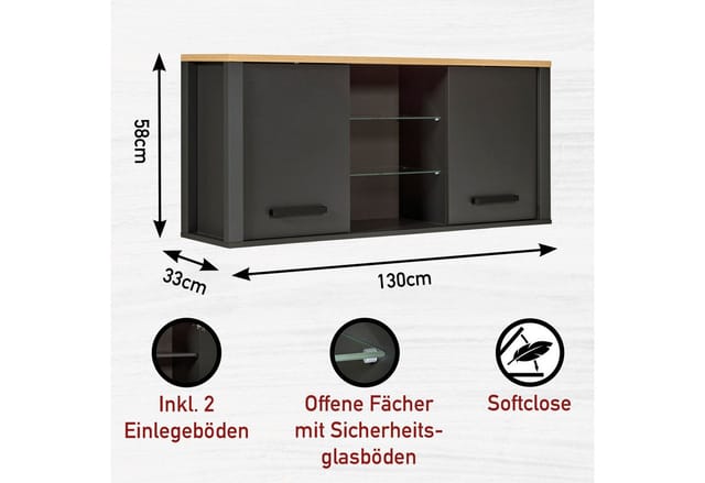 Inter Link Hängeschrank Pienza, Küchenschrank mit Glasböden, Softclose (1-St) Stauraum-Modul, passend zum Spülenschrank, 130 x 33 x 57,5 cm