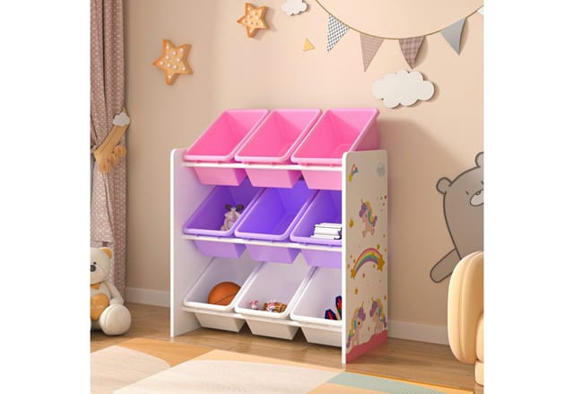 en.casa Kinderregal, »Muxía« mit 9 Ablagekisten Einhorn-Motiv 60x62x26,5 cm