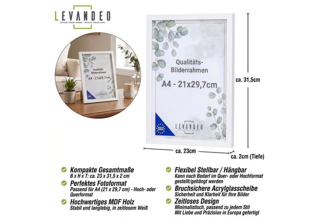 Levandeo® Bilderrahmen, Bilderrahmen A4 Weiß 21x29,7 Made in EU Fotorahmen Poster Urkunde