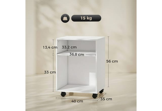 HOMCOM Aktenschrank Druckerhalter mit 2 offenem Regal feststellbaren Rollen (Druckerständer, 1-St., Druckertisch) für Büro Zuhause Office Fax Scanner 40 x 35 x 56 cm, Weiß