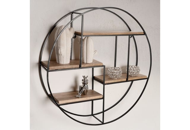 FINEBUY Wandregal FB92220 Hängeregal Holz Metall 70x70x18cm Hängeregal Regal Rund, 70x70x18 cm Mango Massivholz / Metall Hängeregal, Schweberegal Rund, Regal Hängend Industrial