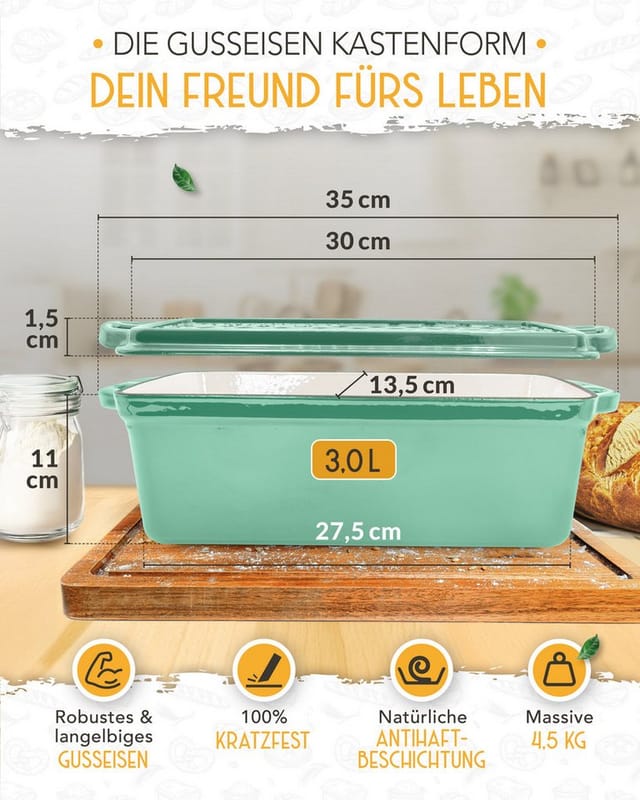 Krustenzauber Brotbackform Emaille Brotbackform 28cm mit Deckel im Komplettset, Kastenform Brot