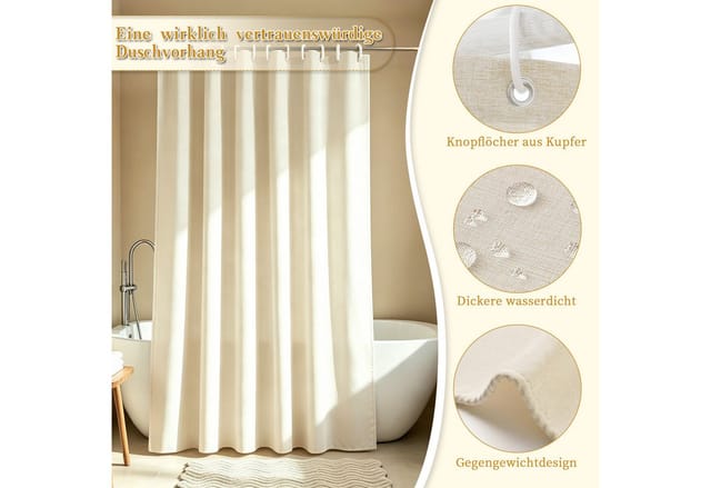 M&W DAS DESIGN Duschvorhang Shower curtains Anti schimmel Waschbar Mit gewicht Schwer Leinen beige Breite 180 cm