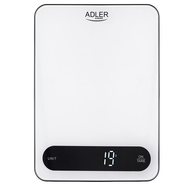 ADLER EUROPE Küchenwaage AD 3177wb Digital bis 10 kg, Elektronische Haushaltswaage, Tara Funktion, USB-C aufladbar, Kochen, Backen, Glaswaage, Weiß