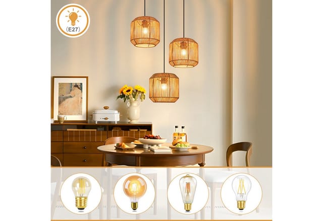 Nettlife Pendelleuchte Rattan 3 flammig Boho E27 Hängeleuchte für Esstisch, Ohne Leuchtmittel, für Esstisch Esszimmer Schlafzimmer Wohnzimmer
