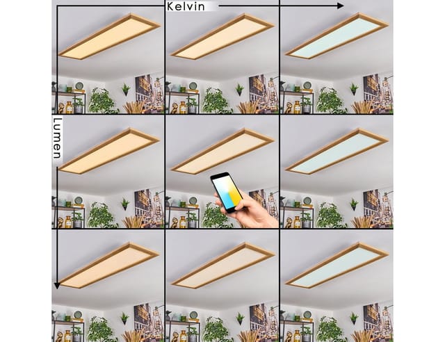 hofstein Panel dimmbare Deckenleuchte aus Metall/Holz/Kunststoff in Weiß/Natur, LED wechselbar, Deckenleuchte Smart Home/App fähig, 2700-6500 Kelvin, CCT einstellbar