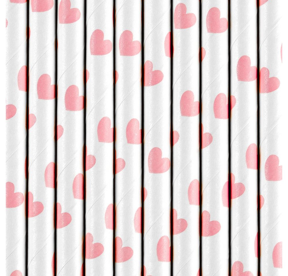 partydeco Trinkhalme, Papierstrohhalme mit Herzen 19cm weiß rosa 10er Set