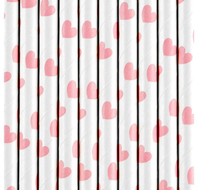 partydeco Trinkhalme, Papierstrohhalme mit Herzen 19cm weiß rosa 10er Set