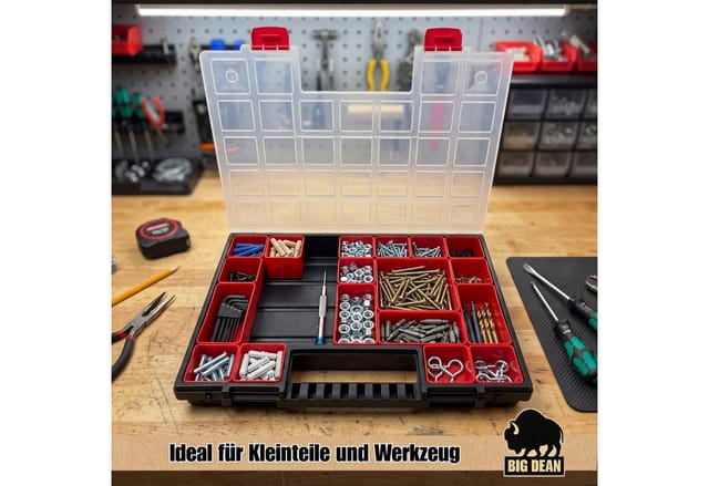 BigDean Sortimentskasten mit herausnehmbaren roten Fächern ideal für Kleinteile Werkzeug (Packung, 1 St., Packung), Herausnehmbare Fächer, Übersichtliches System, Robust