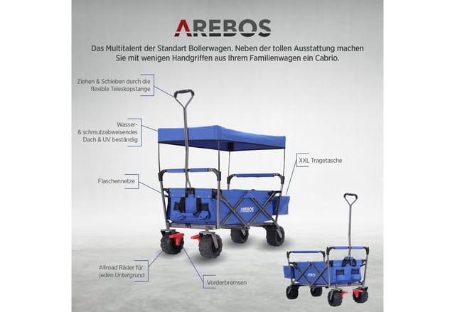 Arebos Bollerwagen faltbarer Handwagen mit Dach – Transportkarre für Garten & Freizeit, Maße 124 x 60 x 128 cm