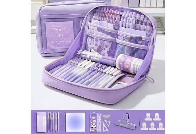 FOUORTUNATE-BEE Federmäppchen 12-teiliges lila Schreibwaren-Set – ideales Geschenk zum Schulstart, Lernset für Schule und Büro – komplette Ausstattung für den Alltag