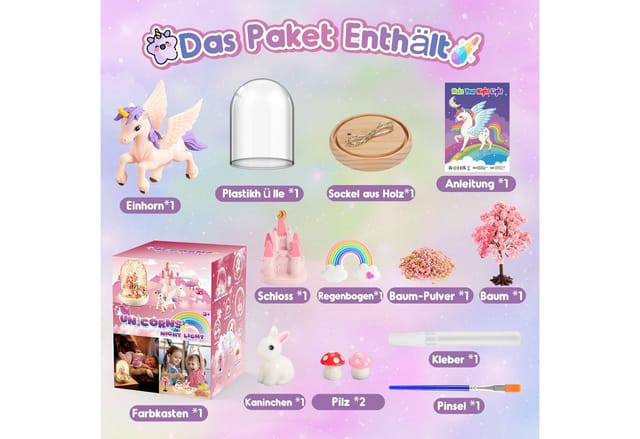 Wootoy Kreativset Einhorn Nachtlicht Bastelset Kinder DIY LED-Nachtlicht, (mit Bebilderte Schritt-für-Schritt-Anleitung, 1-tlg., verbindet kreatives Gestalten mit spielerischem Lernen), Geschenkidee für Kinder und Einhorn-Fans mit dekorativem Mehrwert