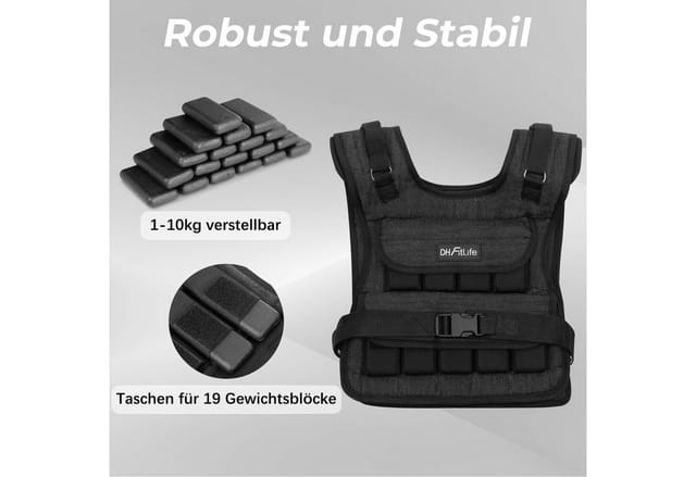 DH FitLife Gewichtsweste Verstellbar 10kg/20kg mit herausnehmbaren Gewichtsblöcken, (Kompakte Trainingsweste für Krafttraining, Muskelaufbau), Calisthenics & Ganzkörpertraining, Damen Herren