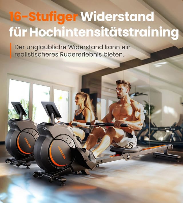 YOSUDA Rudergerät Rudergerät Zuhause, 16 Dynam. Widerstand, 90% Vormontiert (1-tlg., Ultra-Leise Magnetisch, Komfort-Sitz), Bluetooth/App, Alu-Schiene, Flaschenhalter, bis 160kg Belastbar