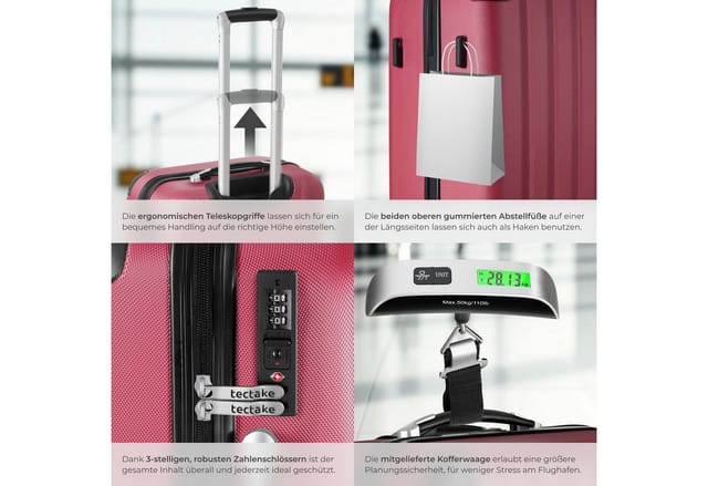 tectake Trolley Hartschalenkoffer-Set aus robustem ABS-Kunststoff, 360° drehbar, 4 Rollen, inkl. Kofferwaage und -anhänger, mit Sicherheits-Zahlenschloss