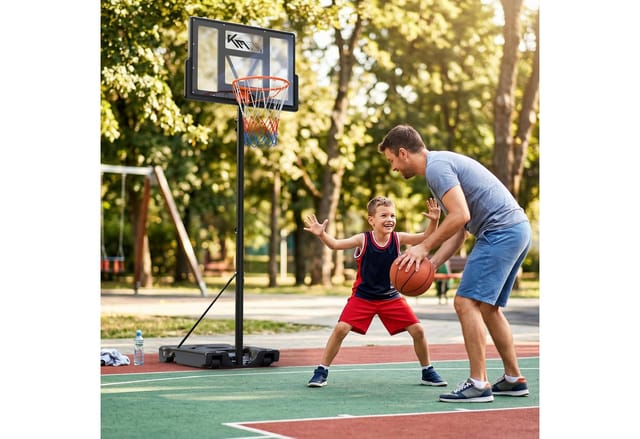 KM - Fit Basketballkorb Basketballständer höhenverstellbar mobil mit Rollen 135-305 cm (Basketballständer 135-305 cm), stabiler Standfuß, wetterfest und ideal für Outdoor-Nutzung