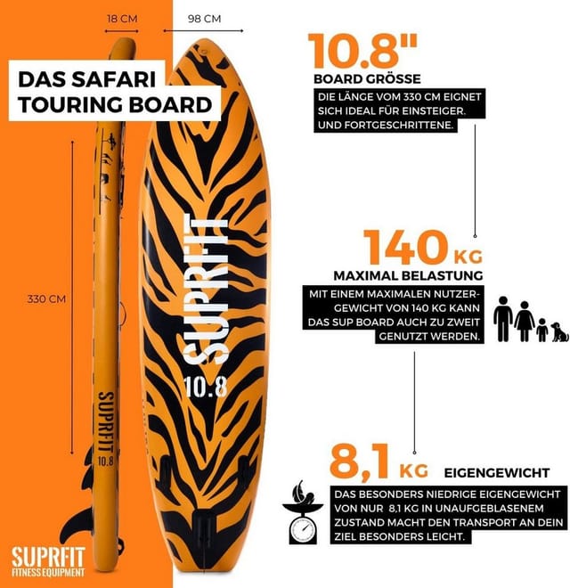 SF SUPRFIT SUP-Board Stand Up Paddling Board aufblasbares Komplett-Set, SUP Board mit doppelter PVC Schichtung - 330x81x15 cm max. 140 kg